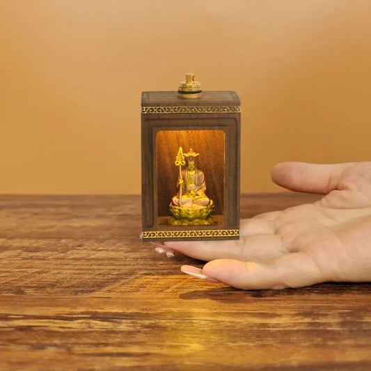 Walnut Travel Shrine with Light – Painted Copper Ksitigarbha