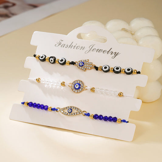 Evil Eye Hamsa Hand Beaded Bracelet Set, 3Pcs Adjustable Blue Crystal Nazar Amulet Protection Friendship Bracelets for Women