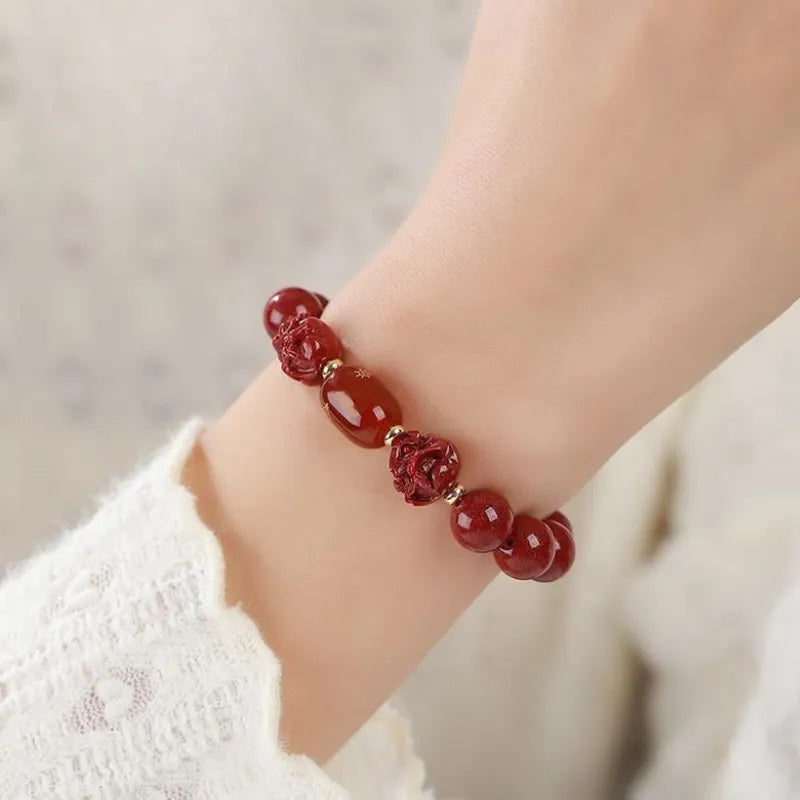 Natural Cinnabar Sanhe Liuhe Fortune Bead Bracelet