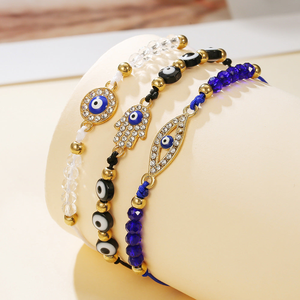 Evil Eye Hamsa Hand Beaded Bracelet Set, 3Pcs Adjustable Blue Crystal Nazar Amulet Protection Friendship Bracelets for Women