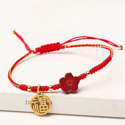 Red String Bracelet with Little Red Flower Charm - Good Luck & Energy