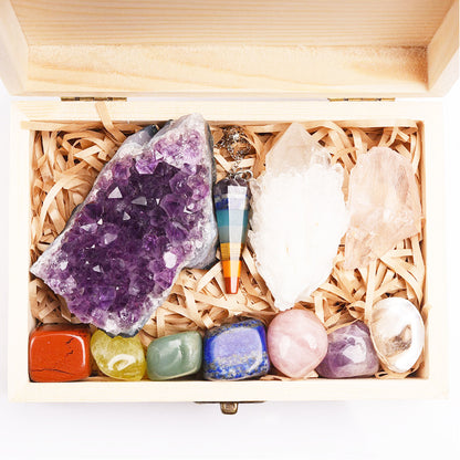 Healing Crystal Set with Amethyst Cluster & 7 Chakra Stones
