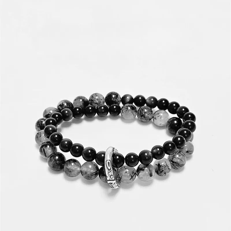 Black Hair Quartz & Goldstone Double-Layer Bracelet