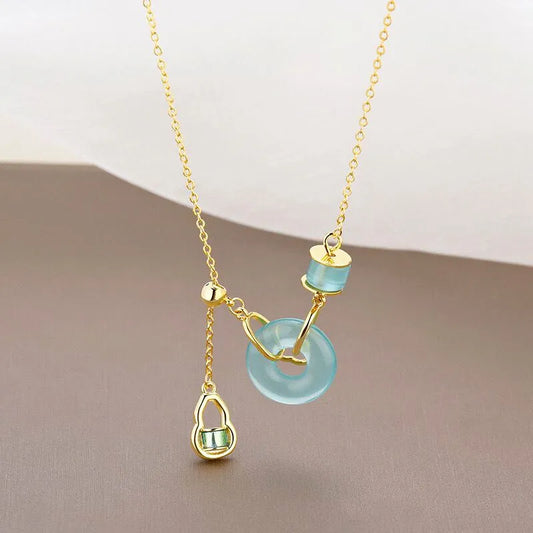 Chinese Gourd & Peaceful Jade Pendant Necklace - Symbolizing Good Fortune and Safety