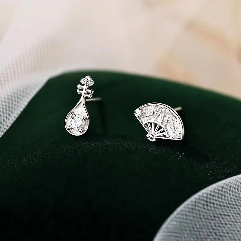 Chinese Style Asymmetrical Fan & Pipa Earrings