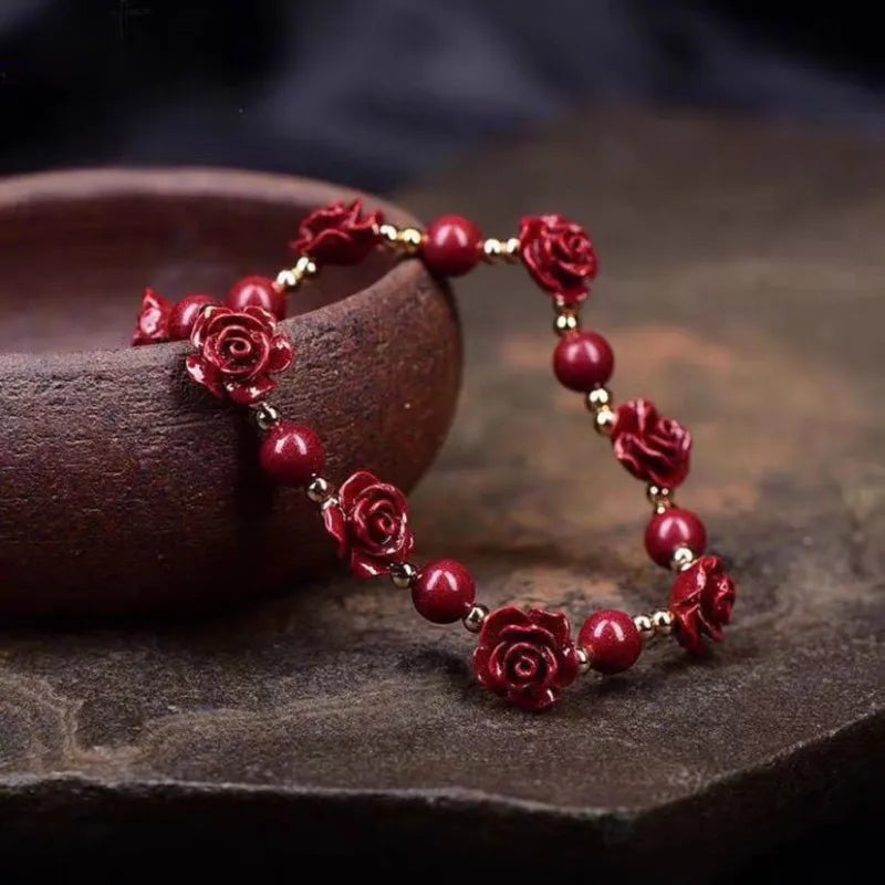 Cinnabar Rose Flower Fortune Bracelet - For Good Luck and Energy