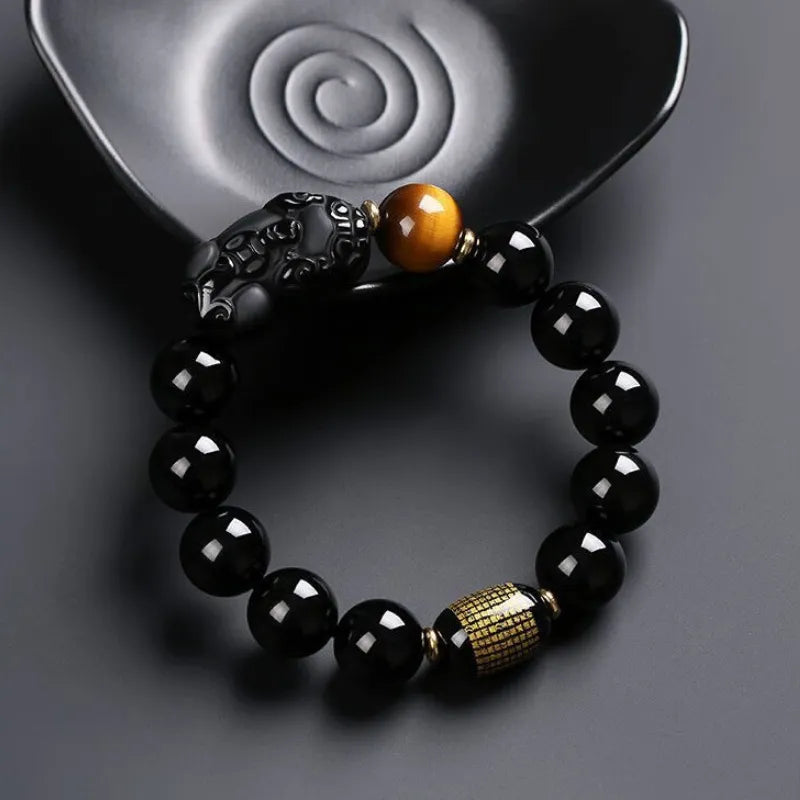 Natural Black Obsidian Pixiu Bracelet - For Protection & Wealth
