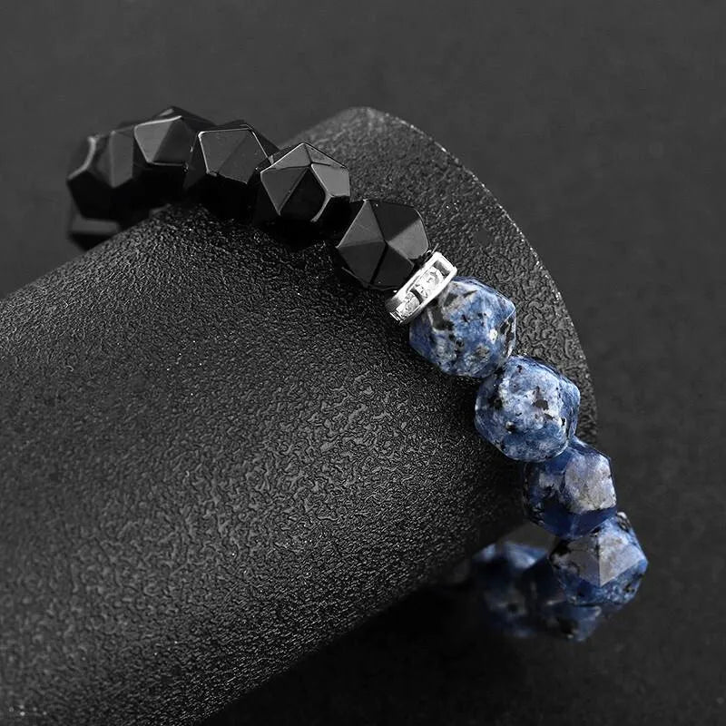 Natural Blue Patterned Stone & Black Agate Power Protection Bracelet