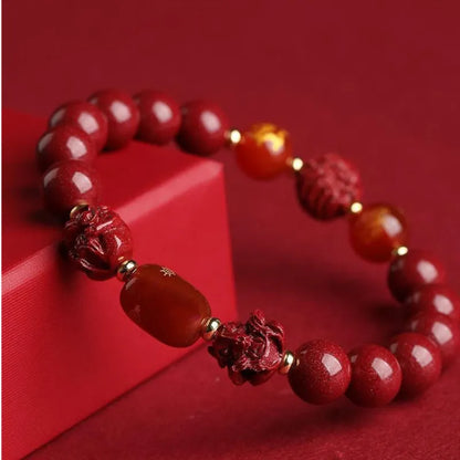 Natural Cinnabar Sanhe Liuhe Fortune Bead Bracelet