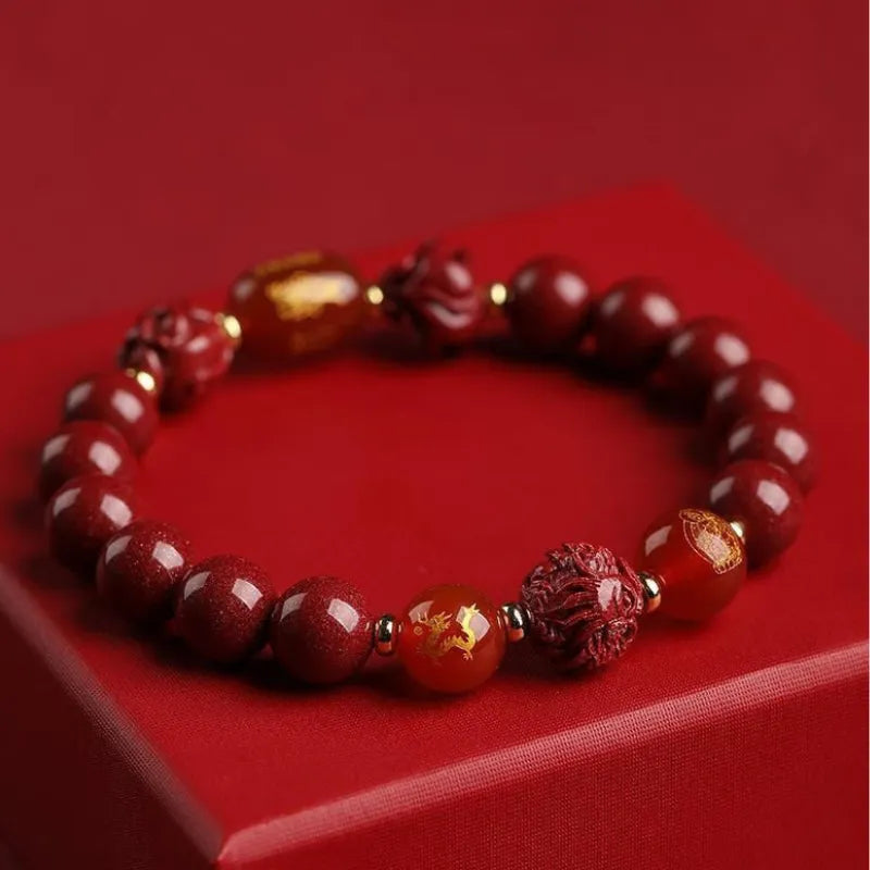 Natural Cinnabar Sanhe Liuhe Fortune Bead Bracelet