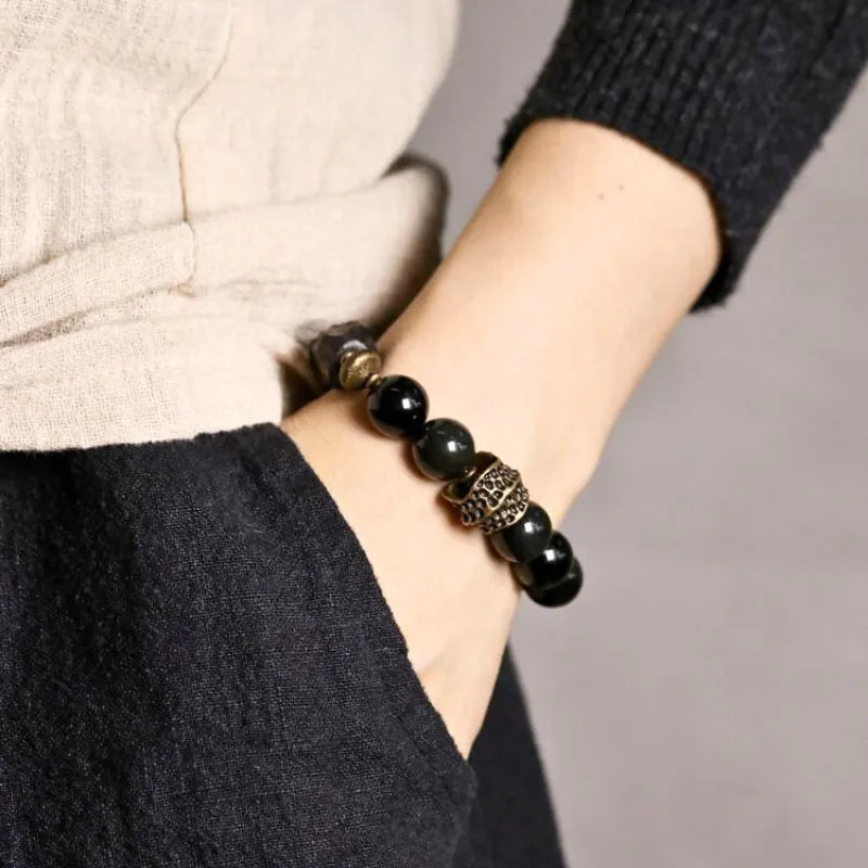 Natural Freeform Black Ebony & Black Obsidian Bead Bracelet